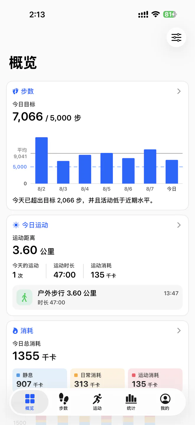 运动记的每日活动概览界面