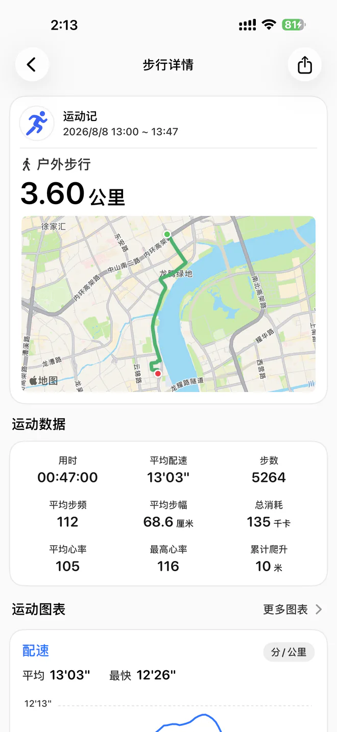 运动记的户外步行详情界面,展示路线与运动数据