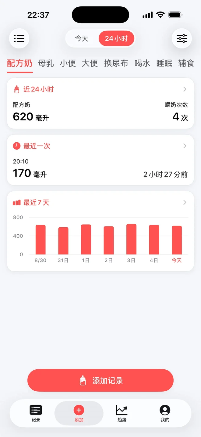 点点长大添加页分页样式,展示配方奶统计、最近一次与七天趋势